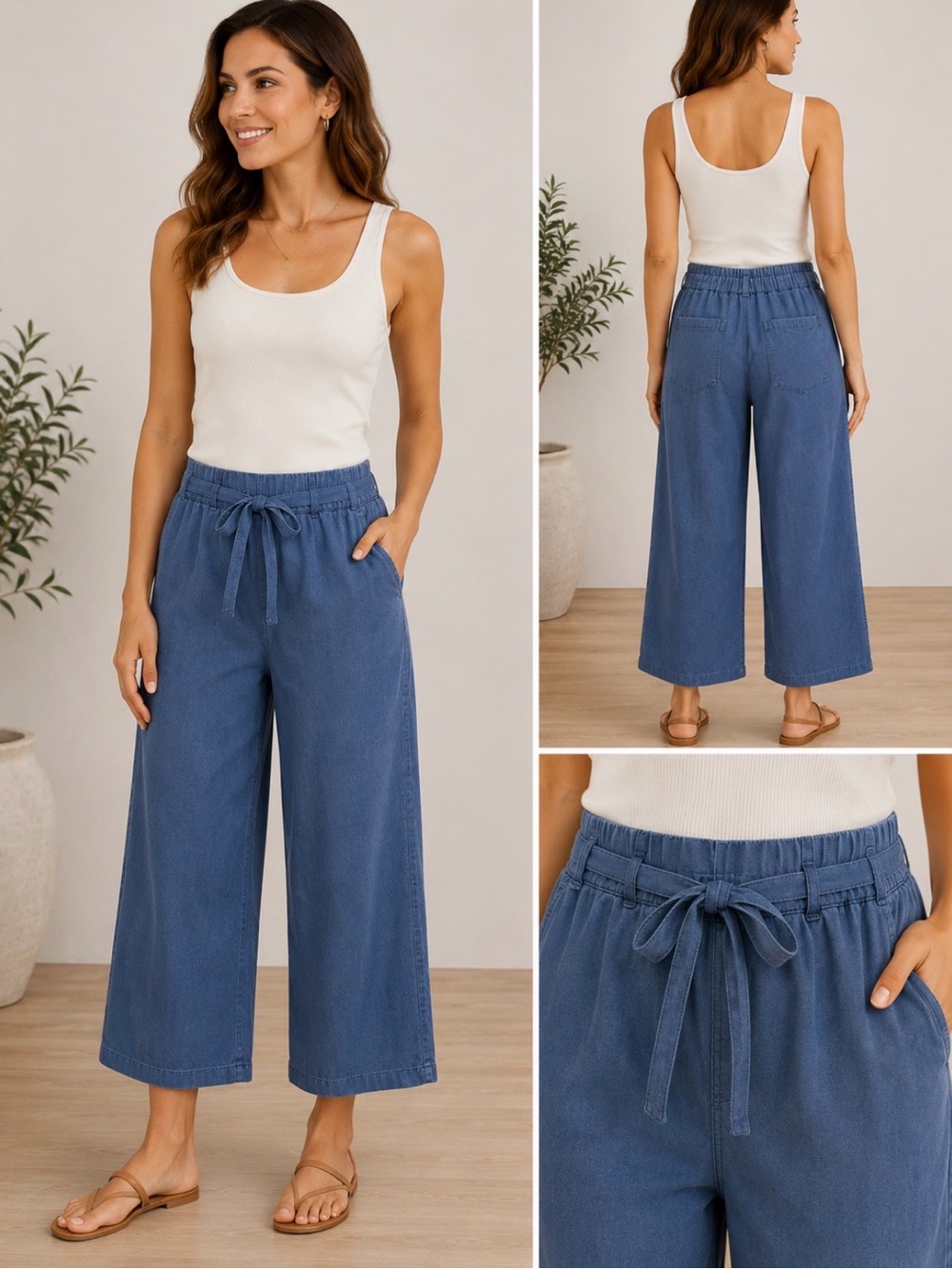 Joie 100% Lyocell Wide Leg Crop Pants Blue Drawstring Waist XL - Picture 3 of 10